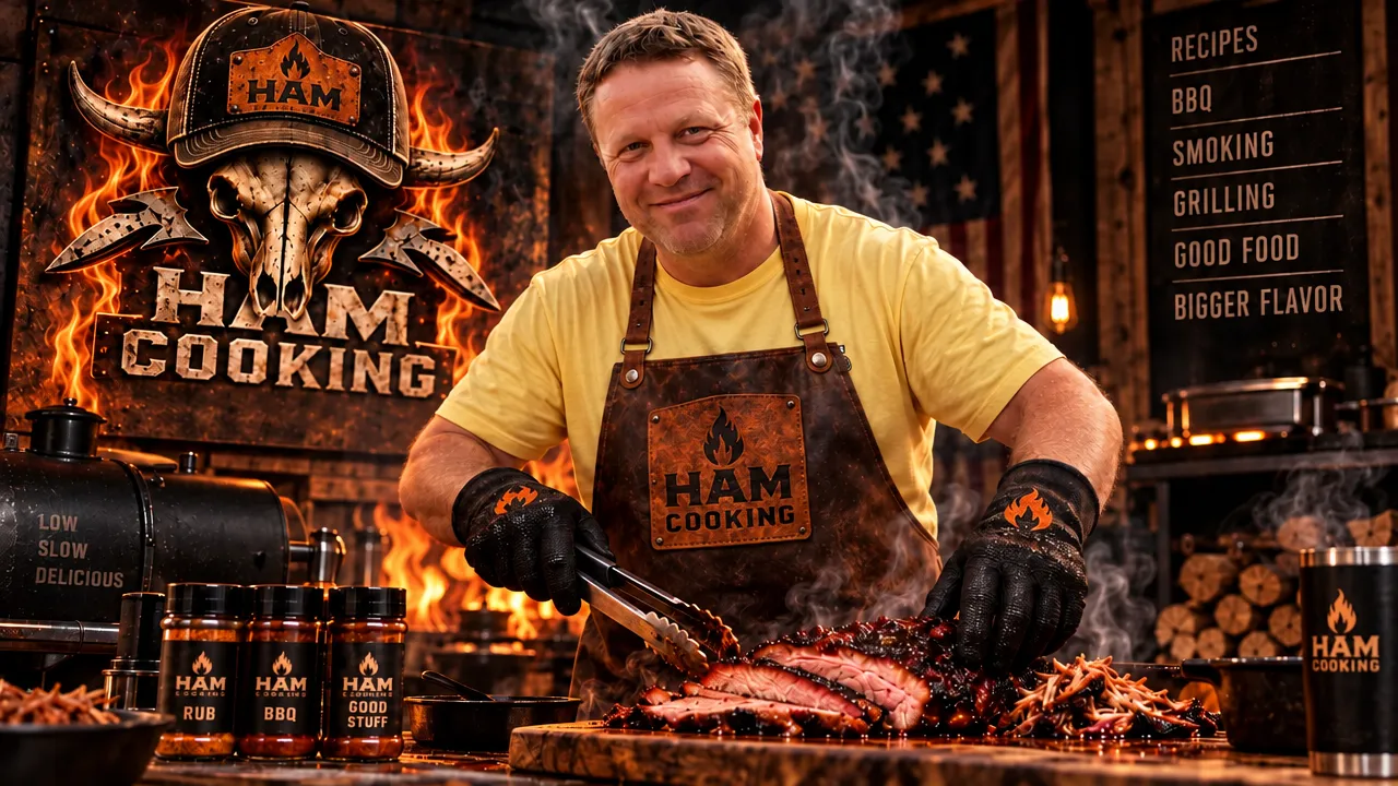 HAM preparing barbecue in a HAM Cooking apron, surrounded by the brand's cooking artwork.