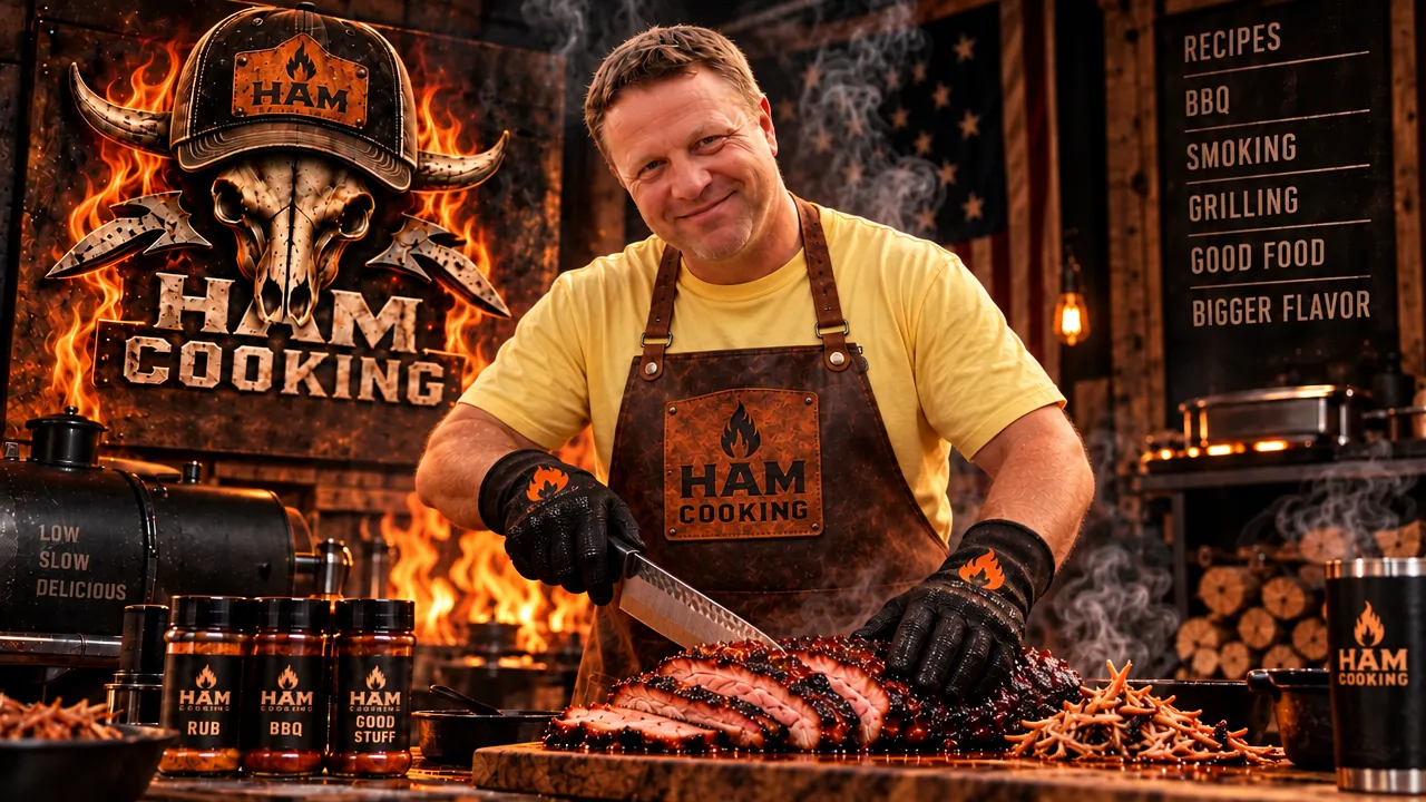 HAM slicing barbecue in a HAM Cooking apron with the brand's flaming longhorn artwork behind him.